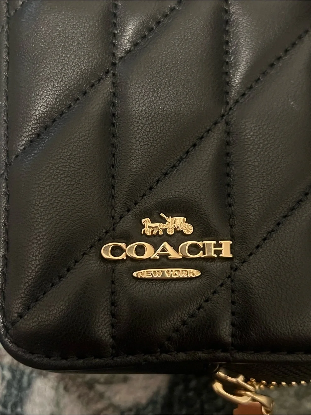 Coach Black Quilted Leather Card Holder with Gold Chain